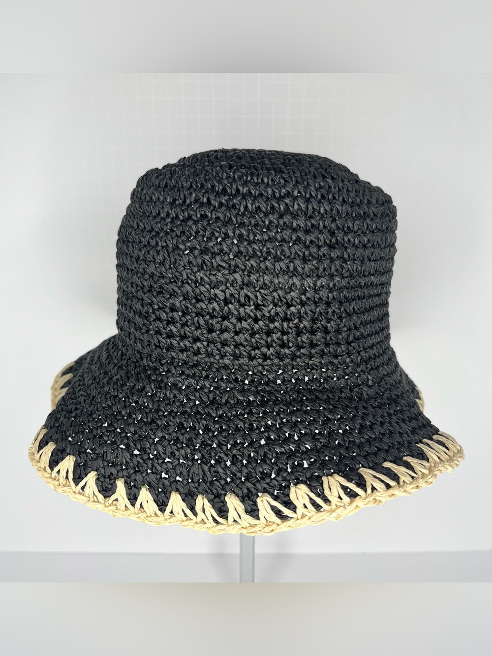 INC International Concepts Black Crochet Bucket Hat with Natural Trim - Picture 2 of 8